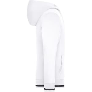 A white track jacket featuring a hood, side pockets, and coloured cuffs. It has a logo on the front.