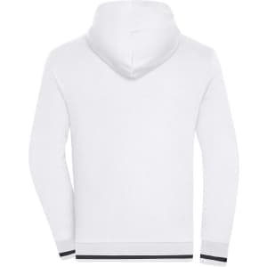 A white men's track jacket featuring a hood, with cuffs and hem detail in contrasting colours. It has a branding logo.