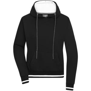 A black hoodie with a drawstring hood, front pocket, and contrasting white details at the cuffs and hem.