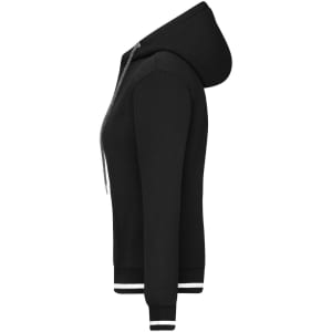 A black ladies hoodie with a zip closure and contrasting white cuffs, featuring a hood and side view design.