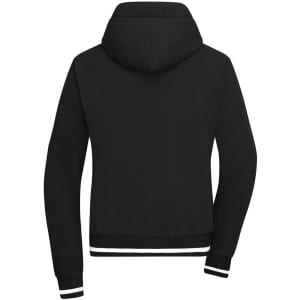 A black ladies' hoodie featuring a hood and contrasting stripe details at the cuffs and hem. It has a logo.