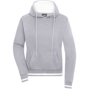 A grey hoodie with a front pocket and a drawstring hood. It features a logo and striped details at the hem.