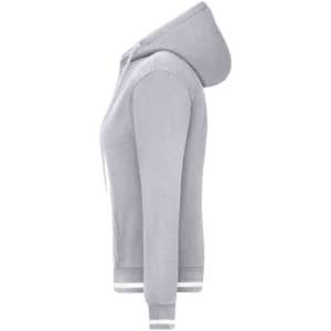 A grey women's hoodie with a zip front, featuring a hood and contrasting white cuffs and hem. Contains a logo.