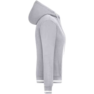 A grey hoodie featuring a zip front, hood, and contrasting cuff stripes, displayed from the side.