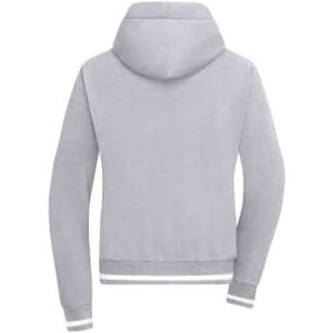 A grey ladies' hoodie featuring a hood and striped detailing at the cuffs and hem, with a logo present.