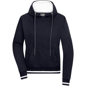 A navy blue ladies' hoodie featuring a large front pocket and a drawstring hood, with a contrasting inner lining.