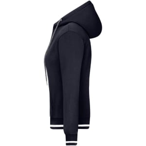 A navy ladies' hoodie featuring a hood, front zip, and striped cuffs. It has a logo on the design.