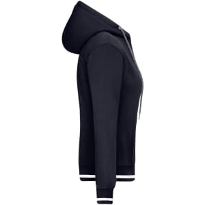 A navy ladies hoodie with a zipper, hood, and white-striped cuffs and hem, featuring a logo.