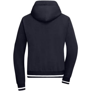 A navy blue hoodie with a hood and contrasting white stripes at the cuffs and hem, featuring a logo.