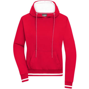A red hoodie featuring a front pocket and a white-lined hood. The design includes a logo.