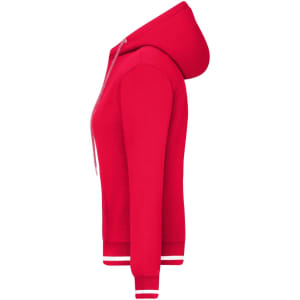 A red hoodie featuring a hood, white drawstrings, and contrasting ribbed cuffs. It has a logo on the design.