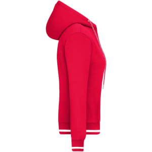 A red ladies hoodie featuring a zip front and contrasting white cuffs and hem, with a hood and side view.