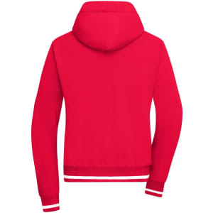 A red ladies hoodie featuring a hood and striped cuffs. It includes a logo on the back.