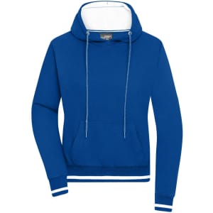 A blue ladies' hoodie featuring a front pocket and a drawstring hood. It has a contrasting inner lining and branding.