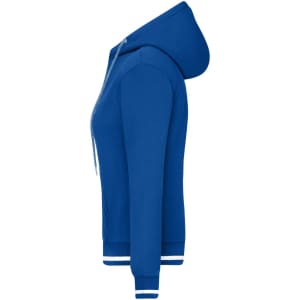 A blue ladies hoodie with a zip and a hood, featuring ribbed cuffs and hem. It has a logo on the chest.