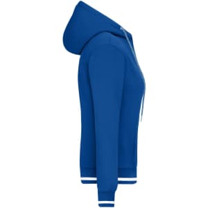 A blue ladies hoodie featuring a zip front, hood, and contrasting white trim at the cuffs and hem.