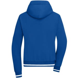 A blue hoodie with a hood and ribbed cuffs and hem, featuring a logo.