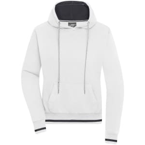 A white hoodie with a grey inner hood, featuring a kangaroo pocket and a logo.