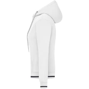 A white hoodie with a hood, featuring navy blue accents on the cuffs and hem. It has a logo on the front.