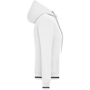 A white ladies hoodie featuring a zip and contrasting ribbed cuffs, showing a side view. It has a logo.