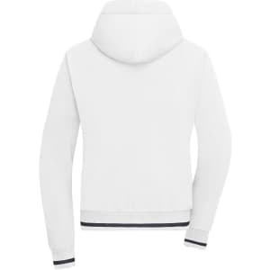 A white hoodie with a hood, featuring long sleeves and a banded hem. The design includes a logo.