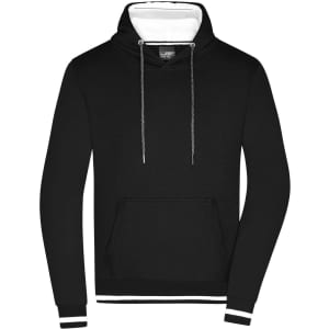 A black men's hoodie with a white lining, featuring a front pocket and a sporty design. It includes a logo.