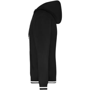 A black hoodie with a front zipper, featuring a hood and striped cuffs. Includes a logo on the front.