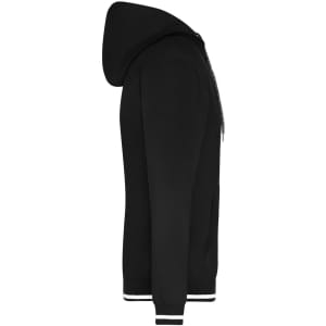 A black men's club hoodie featuring a zip front, hood, and striped cuffs. It also has a logo on the chest.