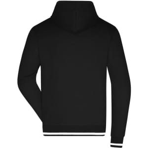 A black hoodie featuring a hood and ribbed cuffs, designed with a logo on the back.