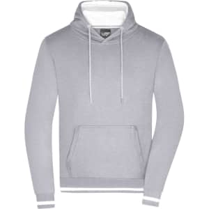 A grey men's hoodie featuring a front pocket, drawstring hood, and contrasting interior colour. It has a logo.