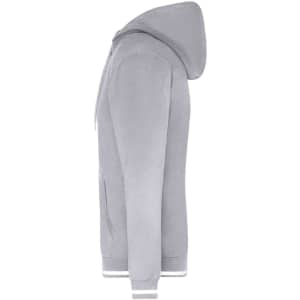 A grey men's hoodie with a front pocket and white striped cuffs, featuring a logo.