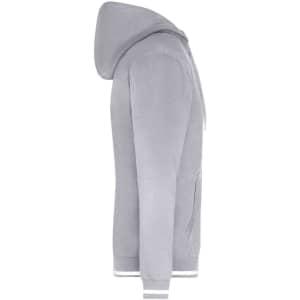 A grey men's club hoodie features a front zip, pockets, and contrasting striped cuffs and hem. It has a hood and logo.