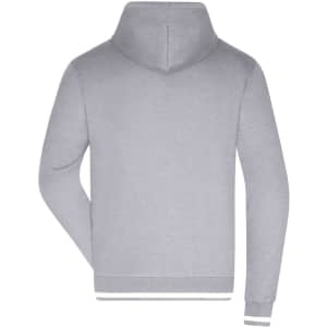 A grey men's hoodie with a hood and long sleeves, featuring a ribbed hem and cuffs. It has a logo.