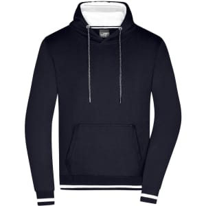A navy blue men's hoodie with a contrasting white interior, featuring a drawstring and a front pocket. It has a logo.