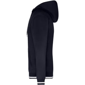 A navy men's hoodie with a zip and side pockets, featuring a hood and contrasting white cuffs.