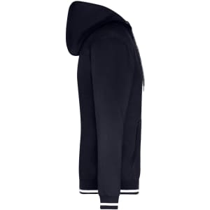 A navy men's hoodie with a zip and kangaroo pockets, featuring ribbed cuffs and hem. It has a logo on the front.