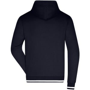 A navy blue men's hoodie featuring a hood and a logo, with a classic ribbed hem.