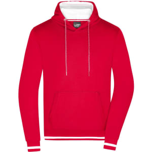 A red hoodie featuring a drawstring hood, a front pocket, and contrasting white details. It has a logo.