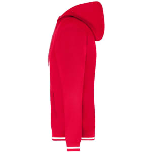 A red men's hoodie with a hood, featuring white stripes on the cuffs. It has a logo on the front.
