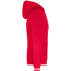 A red men's hoodie with a zip and a hood, featuring white striped detailing on the cuffs and hem.
