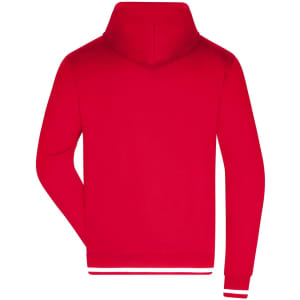 A red men's hoodie with a hood, featuring a simple design and a logo. The cuffs and hem have a contrasting trim.