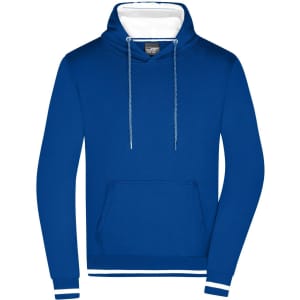 A blue hoodie featuring a white interior, drawstrings, and a front pocket. It has a logo on it.