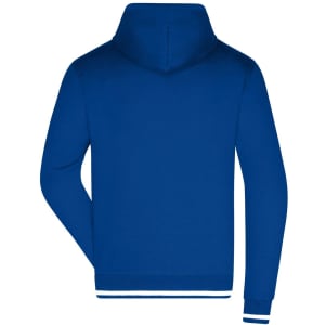 A blue men's hoodie featuring a hood and contrasting cuffs, with a logo on the back.