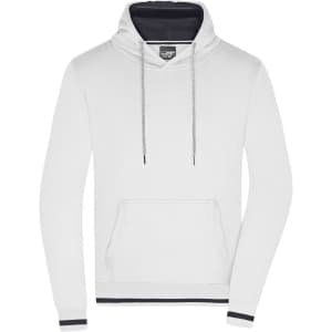 A white hoodie with a navy blue inner lining, featuring a front pocket and drawstring hood. It has a logo present.