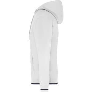 A white men's hoodie featuring a hood and ribbed cuffs, with a branding logo on the front.