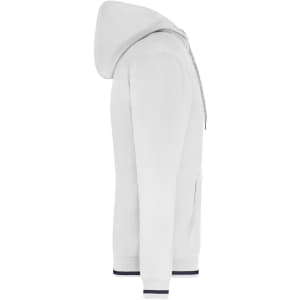 A white hoodie with a hood, zip front, and contrasting ribbed cuffs. It features a logo on the front.