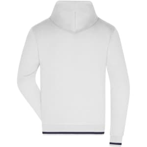 A white men's hoodie with a hood and long sleeves, featuring a ribbed hem and cuffs. The back view is shown.