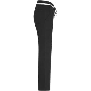 Black ladies jog-pants with a drawstring waist and pockets, featuring a branding logo.