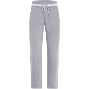 A pair of light grey jog-pants with a drawstring waist and two front pockets, featuring a logo.