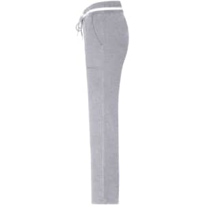 Grey ladies jog-pants featuring a drawstring waist and side pockets. Contains a logo on the waistband.